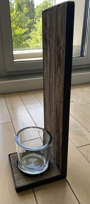 Świecznik ozdobny drewniany ze szkłem, nowy