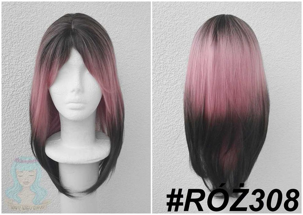 Różowa peruka z odrostem brązowym z prostą grzywką cosplay wig ombre