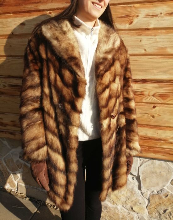 Futro naturalne płaszcz Vintage brązowe w jodełkę długie oversize