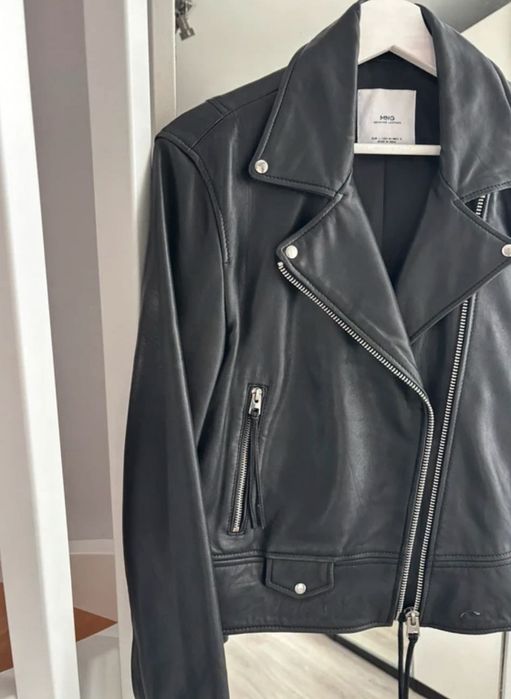 Skóra 100% Mango Klasyczna kurtka Ramoneska Biker