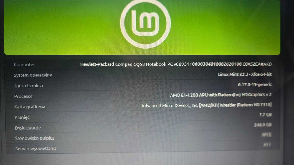 Laptop Compaq CQ58, AMD-E1 8GB/HDDD 500GB Linux Antix