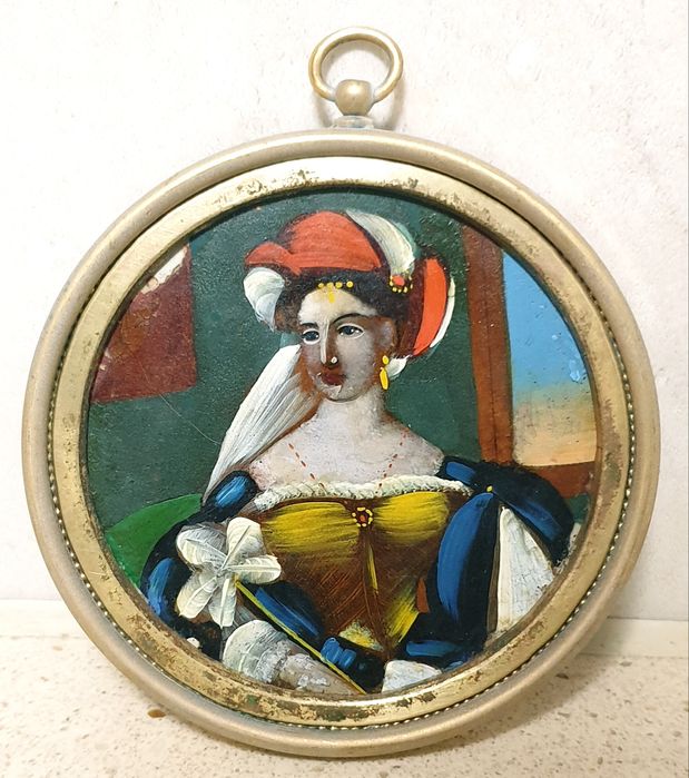 Pequena invulgar antiga pintura miniatura-retrato de uma Senhora nobre