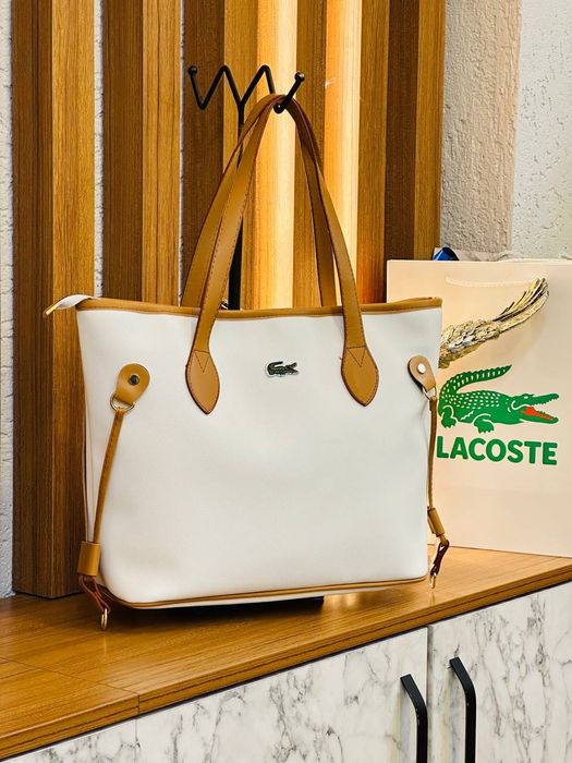 Сумка большая черная белая  женская Lacoste Шопер Лакоста