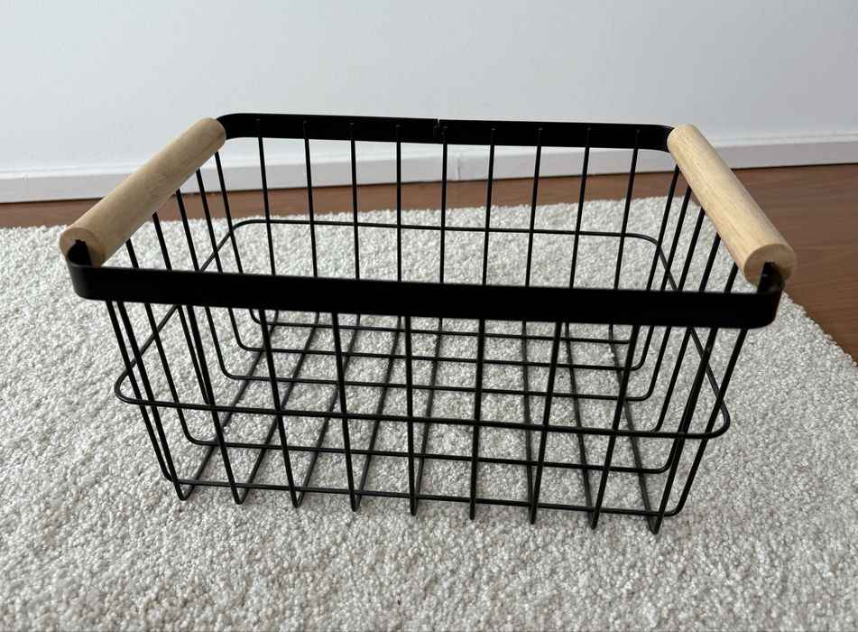 Cesto Arrumação Cozinha Metal Preto Pegas Bambu