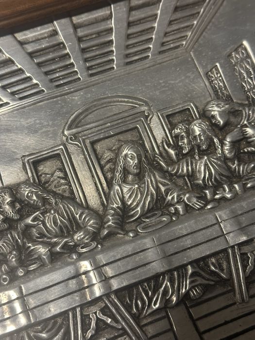 Quadro da Última Ceia em Estanho com Moldura de Madeira