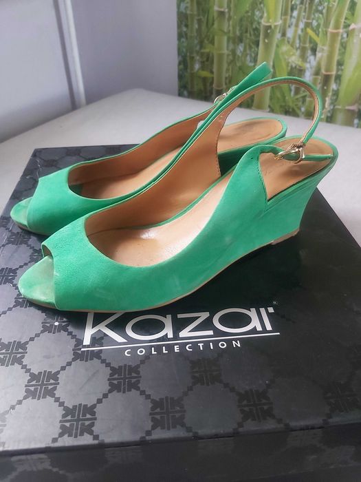 KAZAR JAK NOWE sandaly buty 38 zielone skóra koturn