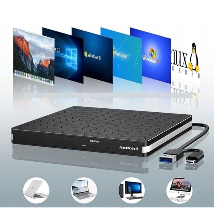 Czarny Zewnetrzny Napęd Dvd CD Amicool BT686 USB-A USB-C