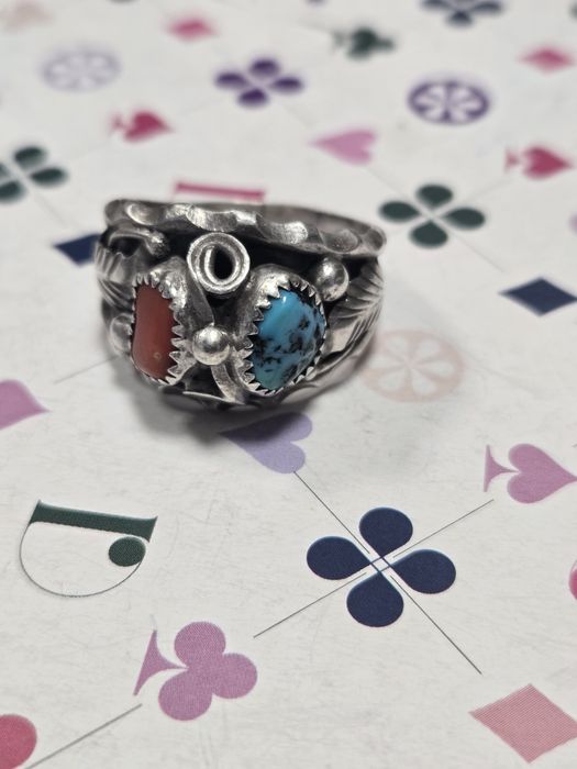 Pierścień sygnet męski indiański Navajo vintage srebro koral turkus