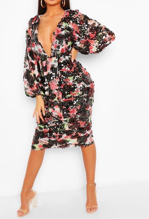 Boohoo cekinowa sukienka midi kwiaty m 38 czarna rochie