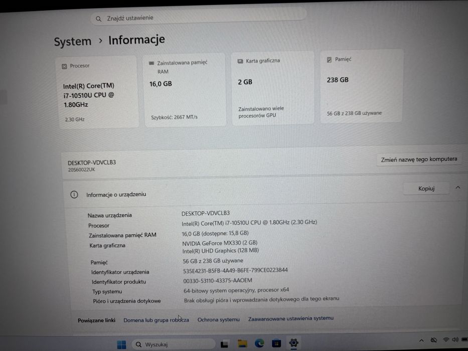 Laptop lenovo ThinkPad T15 G1  i7 10gen Nvidia MX330 16gb/256gb SSD Nvme