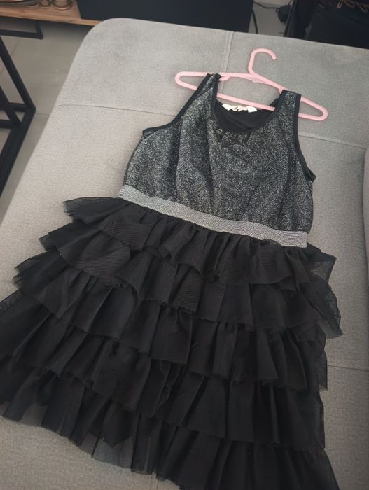 Sukienka czarno-srebrna błyszcząca z tiulem h&m rozm 146 sylwester