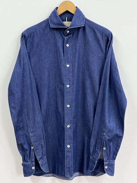 р.S-M Luigi borrelli luxury vintage hapoli чоловіча натуральна джинсова сорочка класична повсякденна базова офісна синя італія ручна робота sartorial