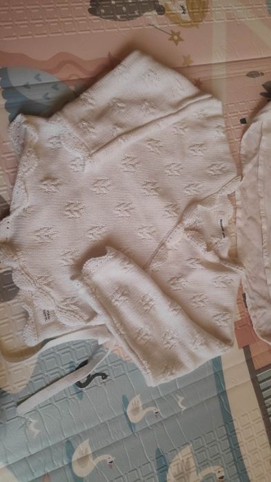 Reserved 80 komplet do chrztu złamana biel sukienka sweter