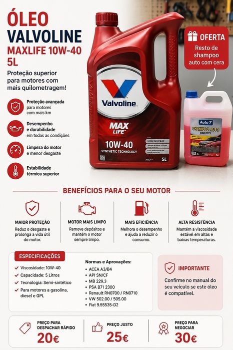 Óleo Valvoline MaxLife 10W-40 5L selado + oferta shampoo auto
