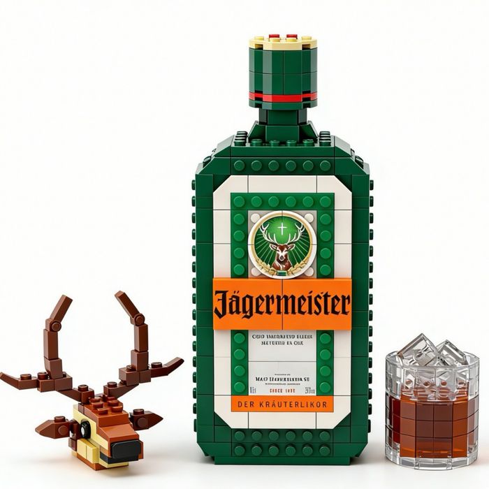 Набір LEGO у вигляді пляшки Jägermeister деталізований лего Егермейстер з головою оленя та рюмкою
