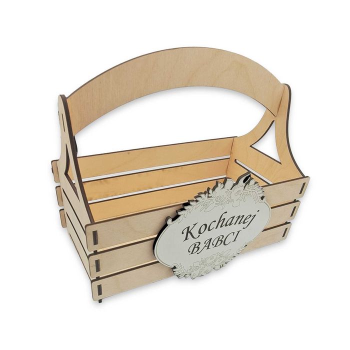 Drewniana skrzyneczka, koszyk na prezent, kwiatki - WŁASNY GRAWER