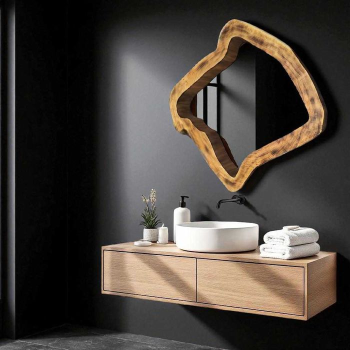 nowoczesne drewniane lustro w designerskim kształcie do łazienki