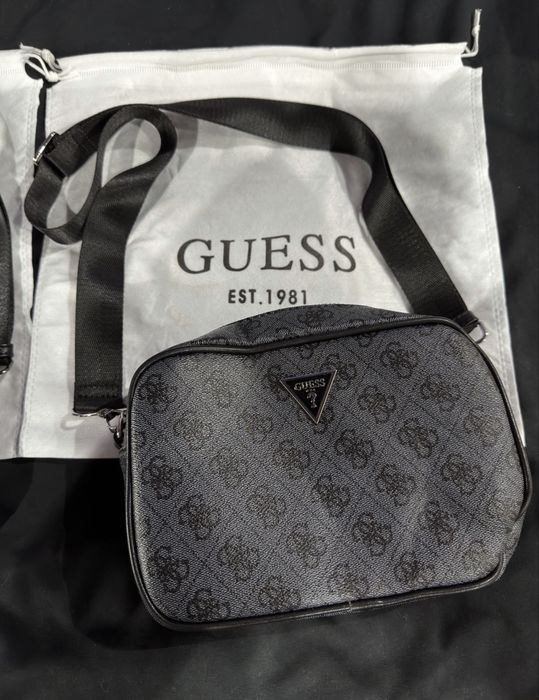 Сумка Guess Vezzola Smart чоловіча шкіряна сіра чорна барсетка Гуесс