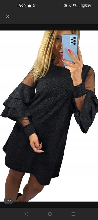 Błyszcząca sukienka, czarna brokatowa z falbanami na rękawach, M 38