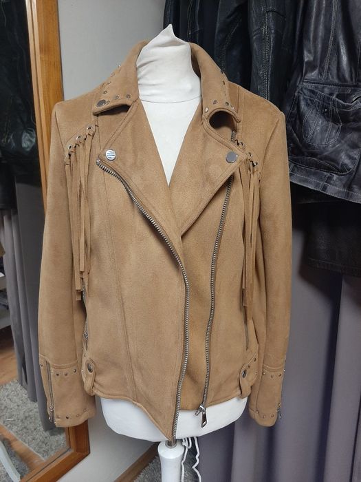 Kurtaka pocahontas z frędzlami Yessica beż jesienna ekoskóra M nowa