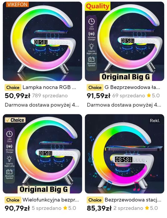 Lampka LED z ładowarka QI, głośnikiem Bluetooth RGB, Radio, Zegar