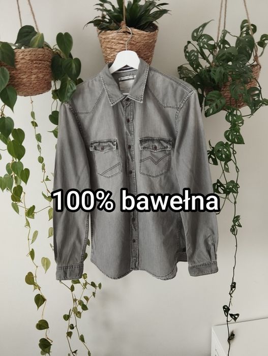 Szara, jeansowa koszula, bawełniana, kieszenie, r. M Tom Tailor