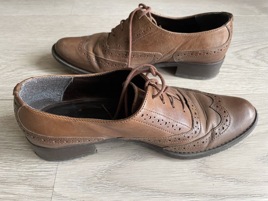 brązowe eleganckie skórzane buty półbuty oksfordki czułenka