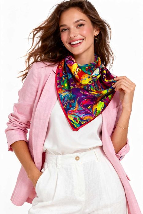 100 % jedwab jedwabna chusta apaszka gawroszka wiosenna kolorowa folk