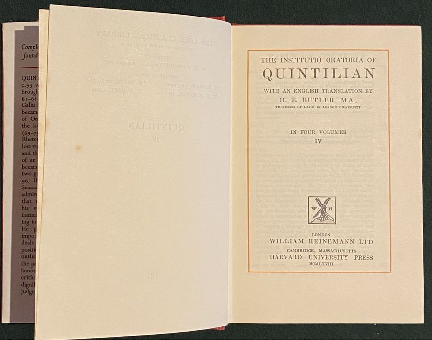 A Instituição Oratória de Quintiliano em quatro volumes