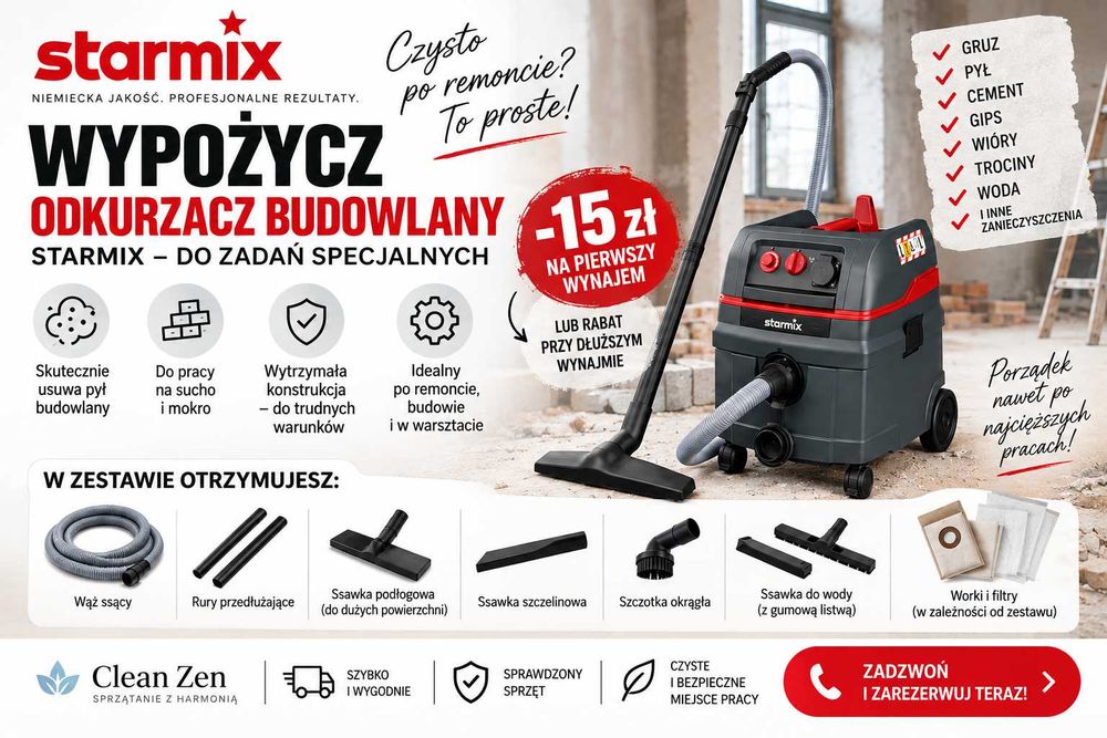 Wynajem odkurzacza przemysłowego Starmix – budowlany Kraków