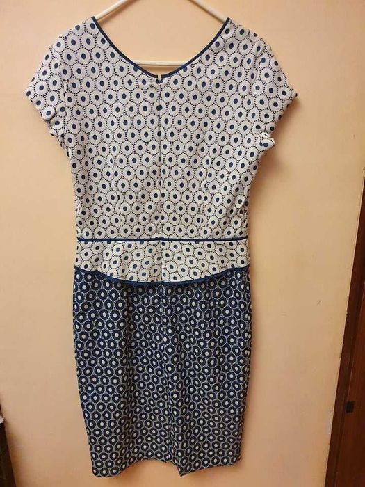 sukienka Salko 38 w kropki granat i beż elegancka wizytowa wesele