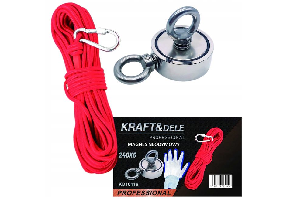 MAGNES NEODYMOWY 240 kg + lina 20m + rękawice - ZESTAW do poszukiwań