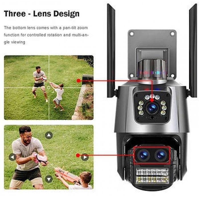 Камера видеонаблюдения IP 3 объектива с сиреной и трекингом человека.