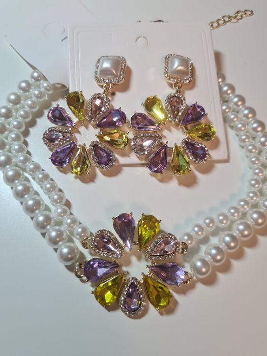 Zestaw biżuterii naszyjnik + kolczyki kryształy diamenty perły