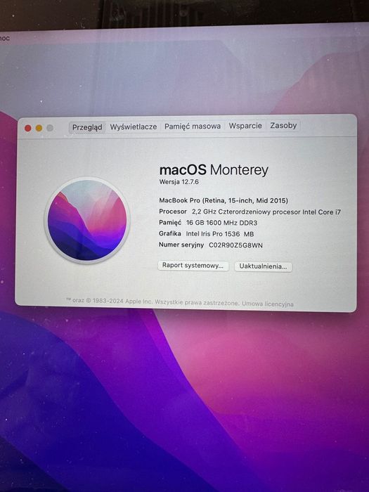 macbook pro 15 i7 16GB, 250GB