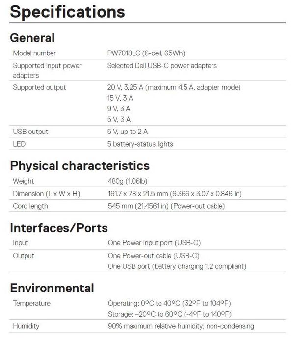 Power bank USB-C Dell PW7018LC (NOVO)