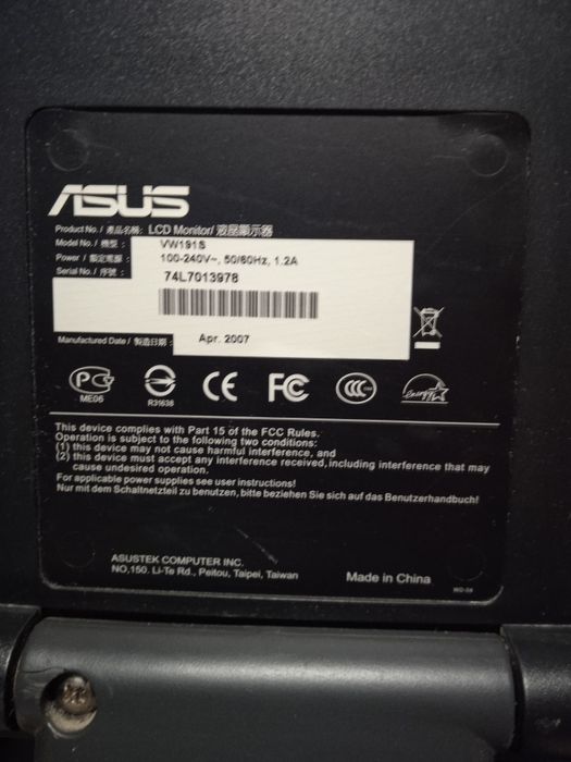 Монітор Asus Model:vw191s.