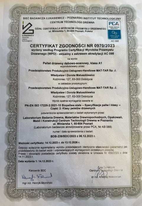 Pellet Polski PREMIUM A1 certyfikowany, transport
