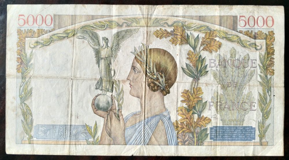 Nota 5000 Francos 1942 França Excelente Estado Rara