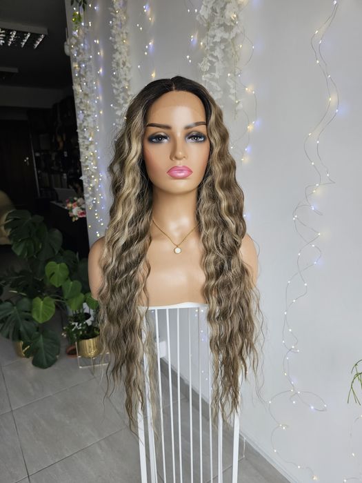 Peruka premium Kira lace front fale brąz blond refleksy