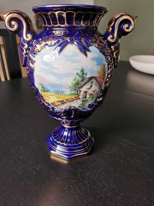 Jarra antiga cerâmica Alcobaça Raul Bernarda-RB azul cobalto e dourado 26 cm