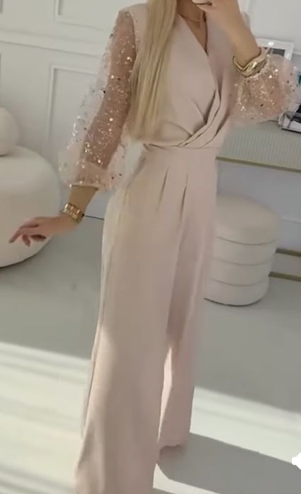 Elegancki kombinezon damski beżowy  cekiny ,szerokie spodnie. S,, M  komunia  chrzciny. wesele