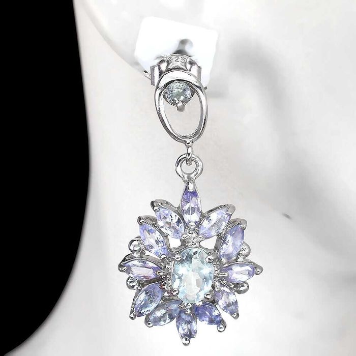 Серьги из 925 пробы с  овальным аквамарином  и танзанитом