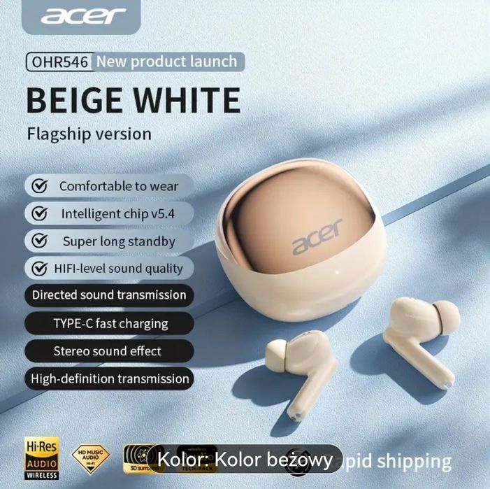 Słuchawki bezprzewodowe Acer In-Ear-TWS, super efekt stereo, 2 kolory.