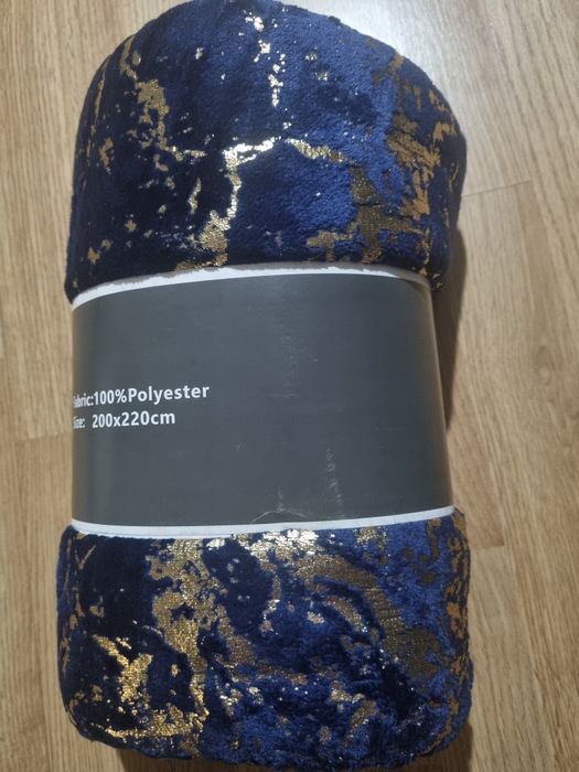 Koc 200x220 marmurek granat niebieski złoty puszysty duży narzuta
