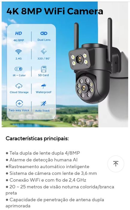 Câmera de segurança 4MP, Visão noturna Deteção Movimento, zoom digital