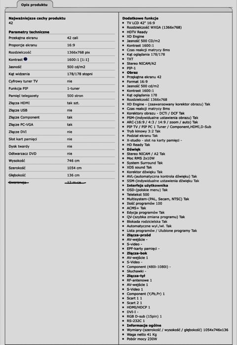 Sprzedam TV LCD LG Electronics 42” LE2R