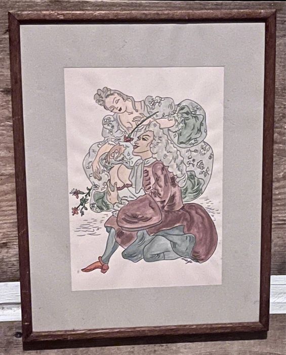 Piękna akwarela - Maja Berezowska - scenka miłosna - lata 50