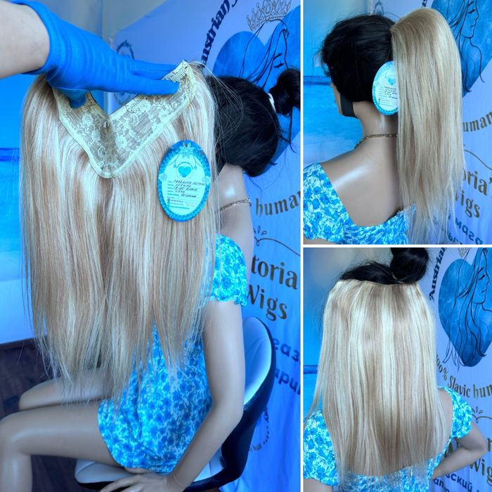 Натуральные волосы на заколках тресс хвост славянка блонд 45 см