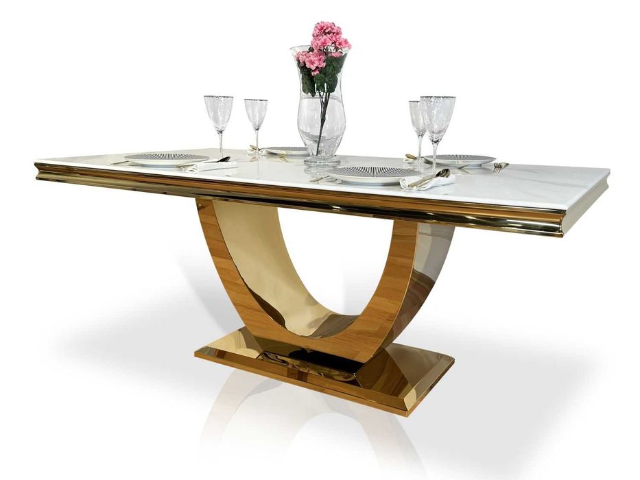 Stół Glamour T945 180x100cm, podstawa złota, blat biały efekt marmuru